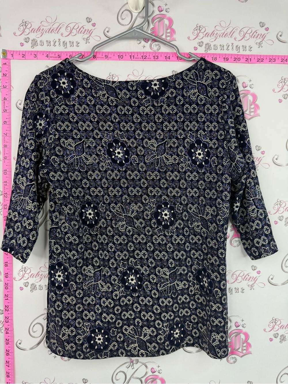 Marallis shirt sparkly glitter vintage top Navy Floral Print Boatneck Blouse